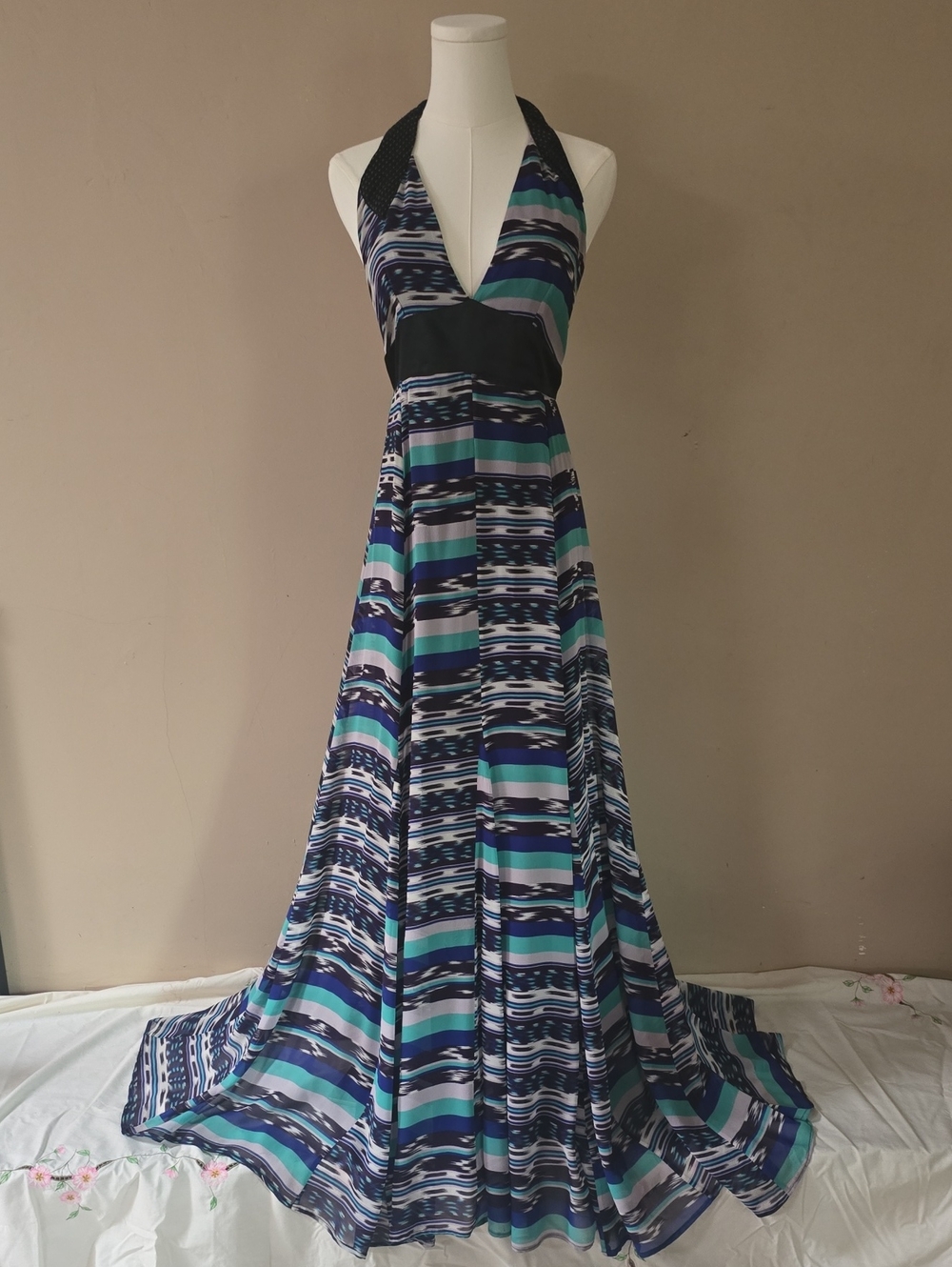 Striped Halter Backless Maxi Dress in Teal, Navy & White